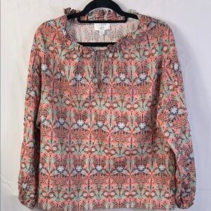 J. Crew Floral Blouse Size Medium Coral and Teal Long Sleeve Ruffle Neck line